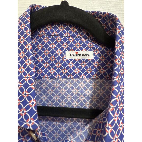 Men's Designer Kiton Cotton Blue Button Down Dress Shirt Orange Print 17.5 x 44 - Picture 7 of 8